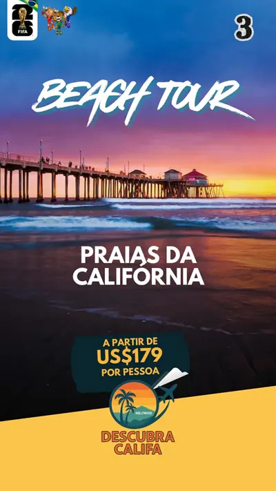 Card promocional do Beach Tour — praias da Califórnia