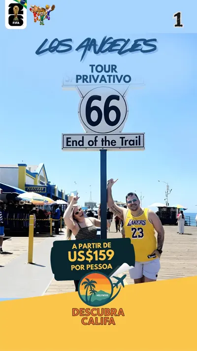 Card promocional do Tour Privativo de Los Angeles — Route 66 End of the Trail em Santa Monica